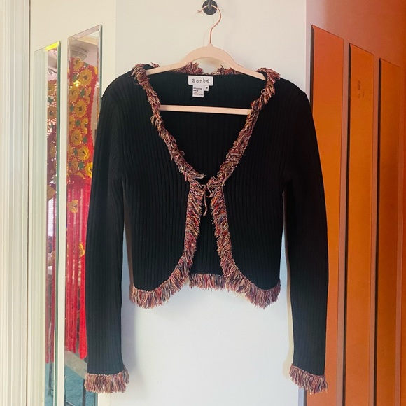Y2K CROPPED RIBBED TIE FRONT RAINBOW FRINGE CARDIGAN SIZE MEDIUM - Picture 5 of 5
